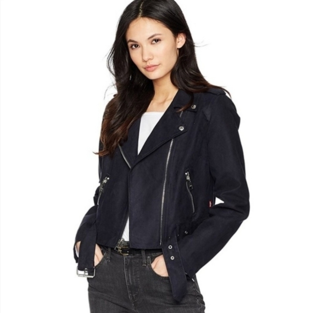 Levi's Cropped Faux Suede Moto Zip Jacket Navy Blue Woman's Medium New